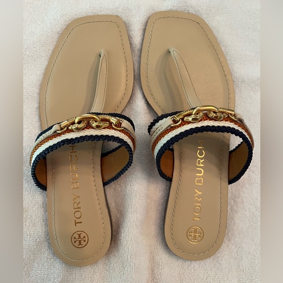 Tory Burch Beige and Navy Sandals with Gold Details - Picture 2 of 5
